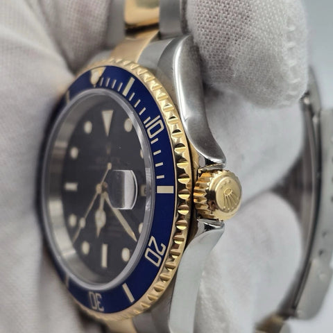 2005 Rolex Submariner 16613 NO HOLES Blue Dial Two Tone Steel Gold 40mm Watch