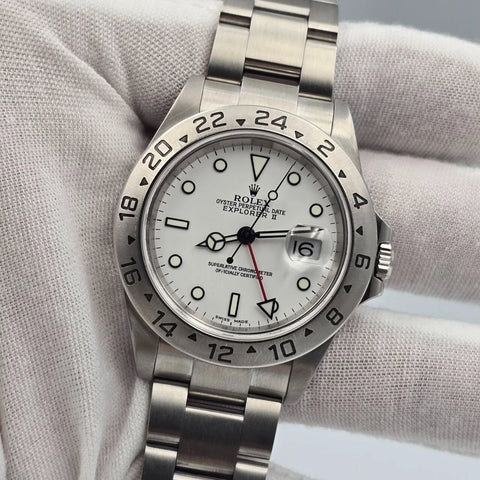 PAPERS Rolex 16570 Explorer II White 40mm Steel NO HOLES Oyster Date Watch