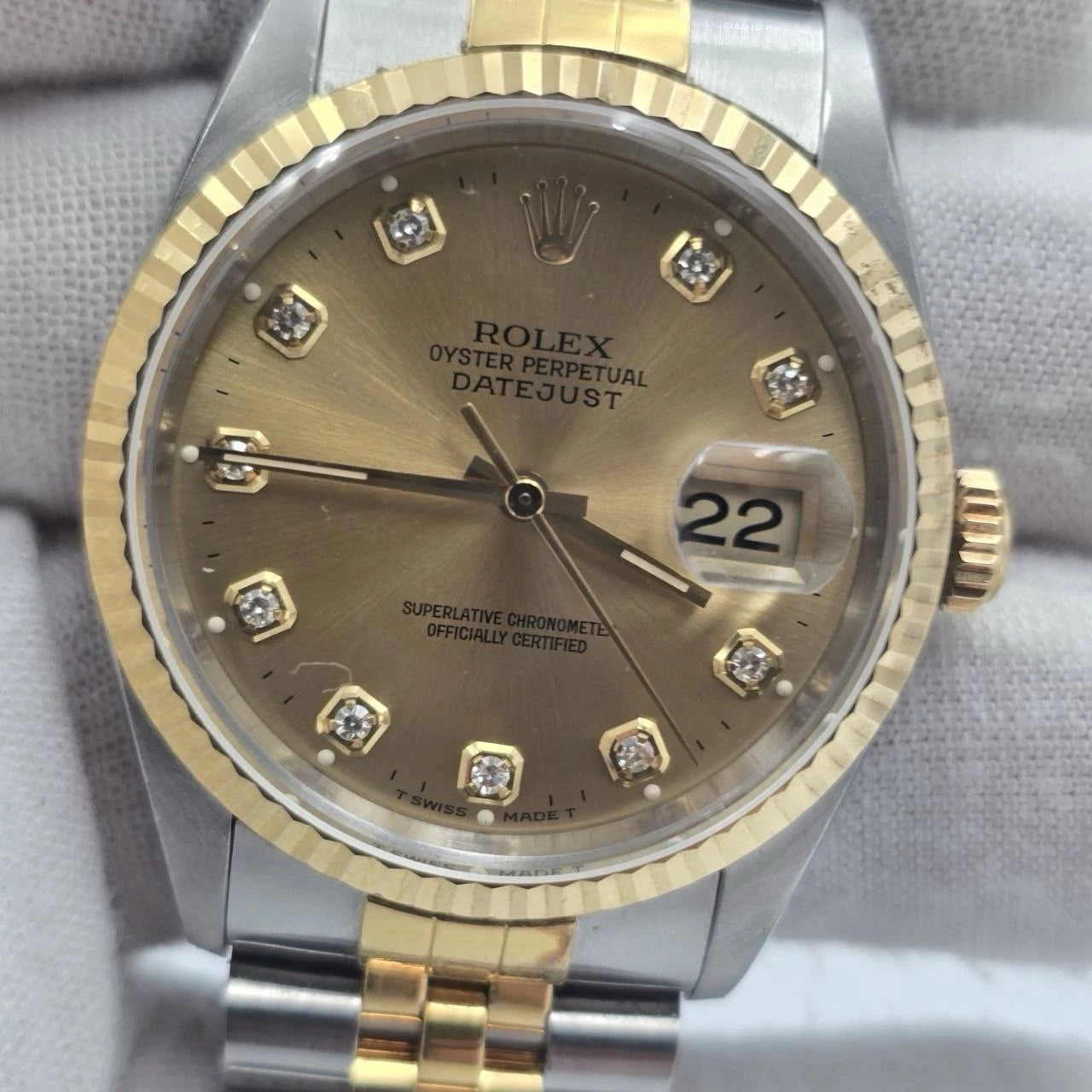 PAPERS Rolex DateJust 36mm NO-HOLES Champagne Diamond Dial TT 18K 16233 BOX