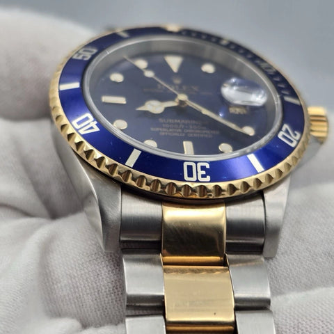 2005 Rolex Submariner 16613 NO HOLES Blue Dial Two Tone Steel Gold 40mm Watch