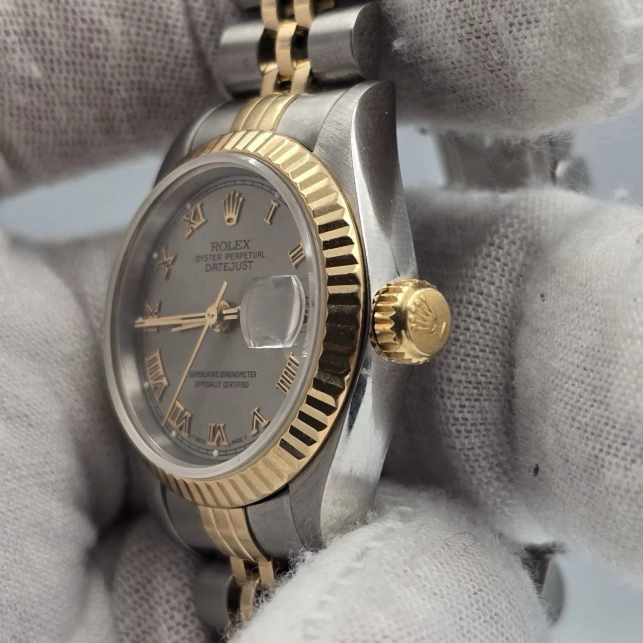 PAPERS Rolex Datejust 26mm 69173 TT Jubilee NO HOLES Rhodium Gray Roman Watch