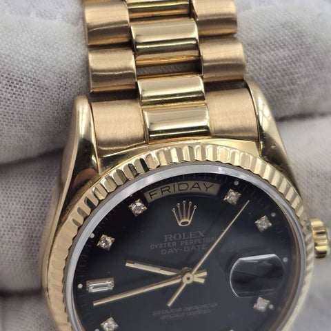 Rolex Day-Date 18038 President 18k Gold FACTORY Black Diamond Dial 36mm Watch