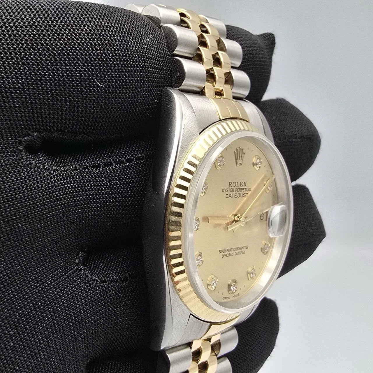 Rolex Datejust 36mm NO HOLES Champagne Diamond Dial 18K Gold TT Watch 16233