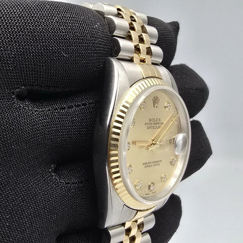 Rolex Datejust 36mm NO HOLES Champagne Diamond Dial 18K Gold TT Watch 16233