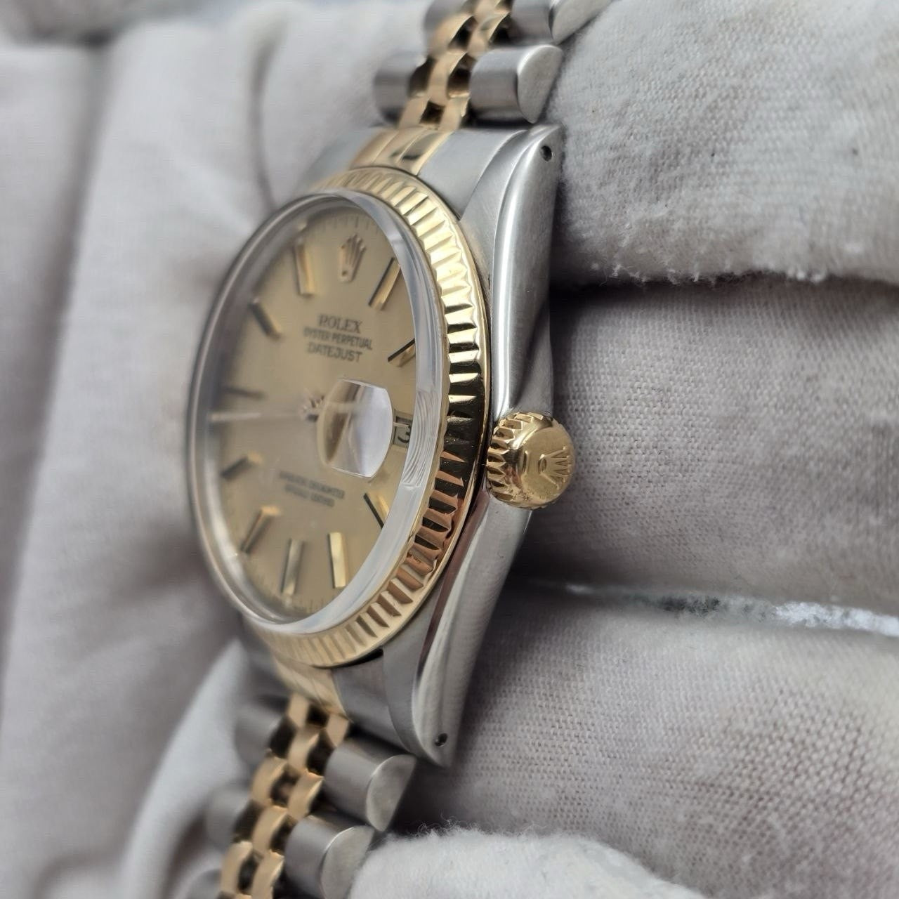 PAPERS Rolex Datejust Champagne Two-Tone Yellow Gold Jubilee 16013 36mm Watch