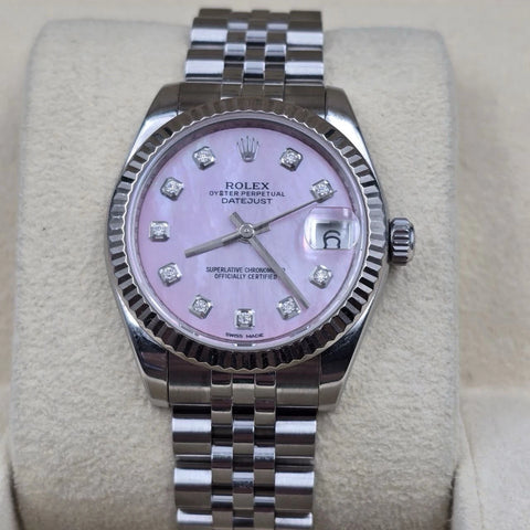 Rolex Datejust MOP Pink Diamond Dial Steel White Gold 31mm Watch 178274 B+P