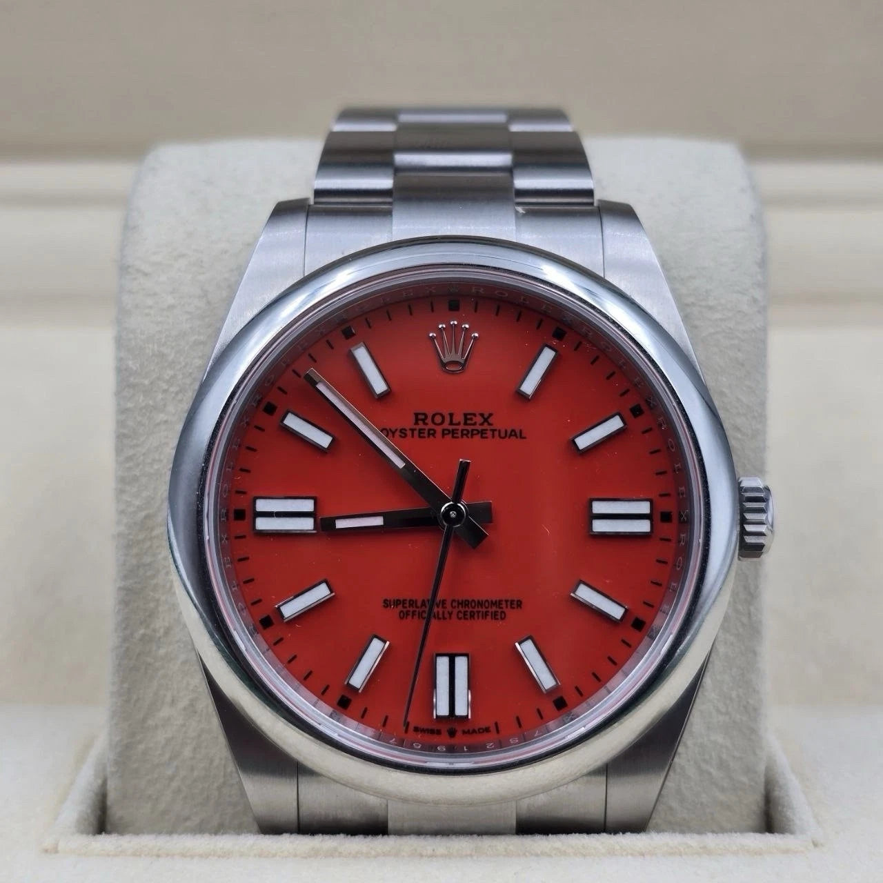2021 PAPERS Rolex Oyster Perpetual 41mm Coral Red Stainless Steel 124300 BOX