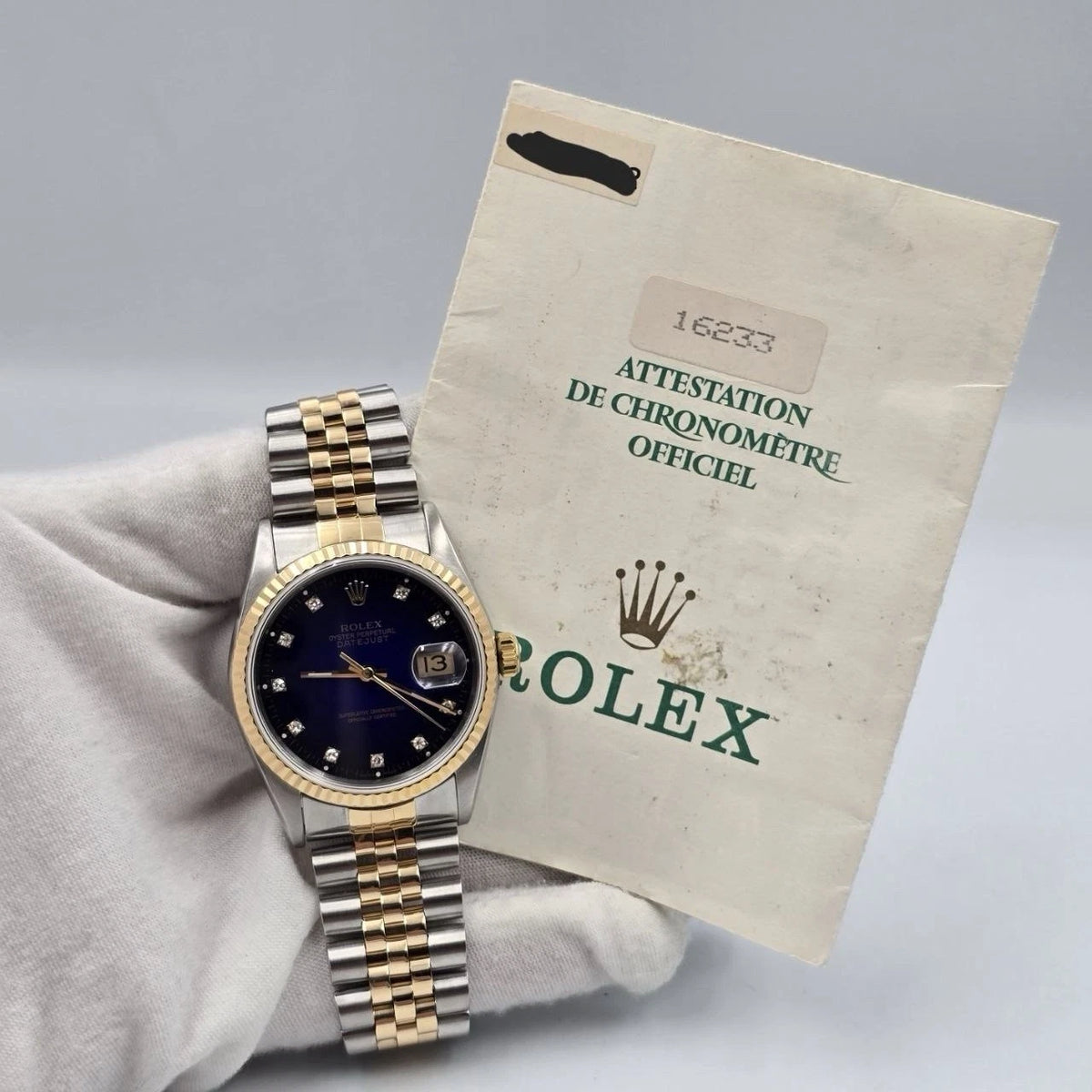 PAPERS Rolex Datejust 36mm Blue Vignette Diamond Dial 18K Gold Jubilee 16233
