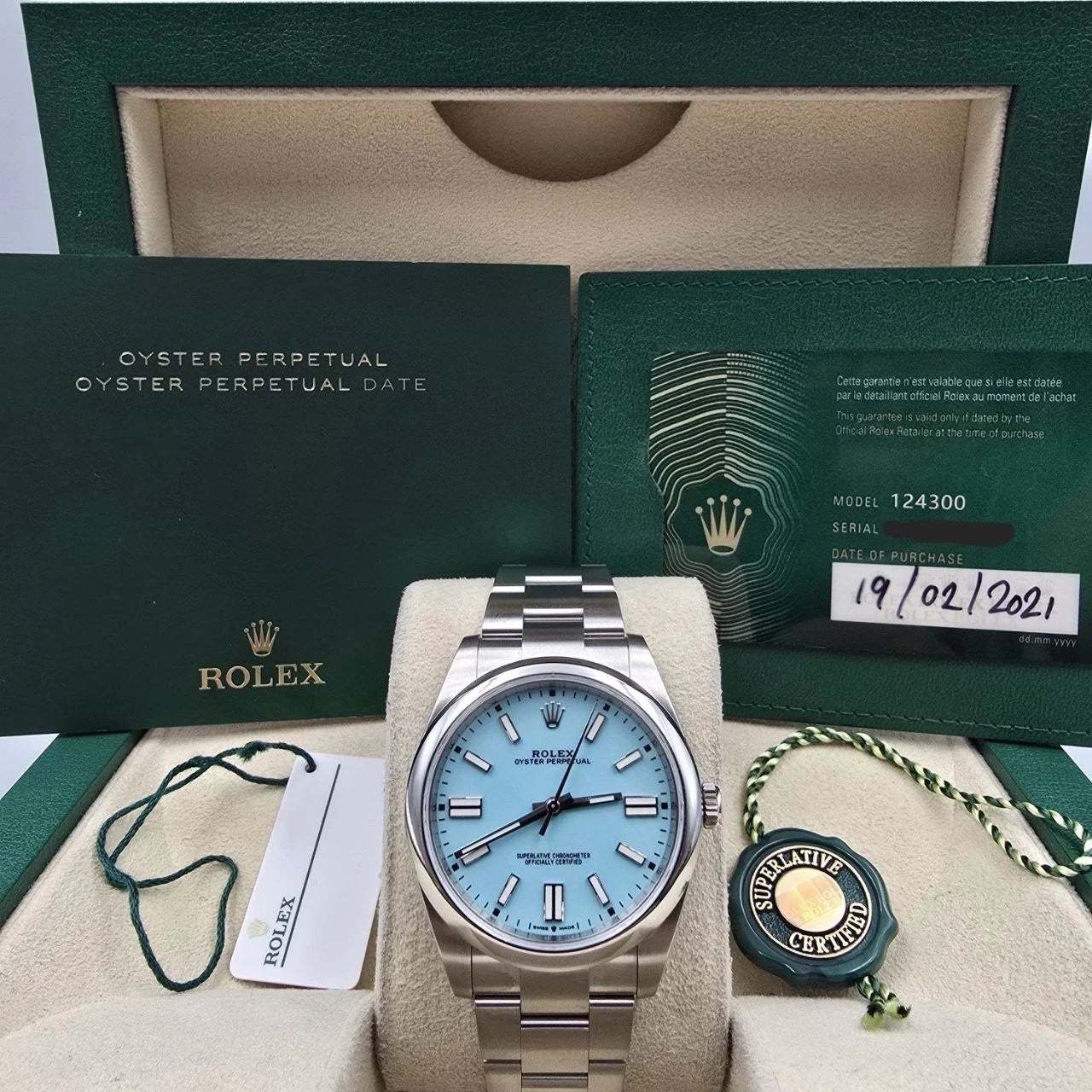 2021 PAPERS Rolex Oyster Perpetual 41mm Turquoise Blue Steel 124300 BOX