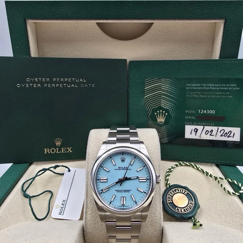 2021 PAPERS Rolex Oyster Perpetual 41mm Turquoise Blue Steel 124300 BOX