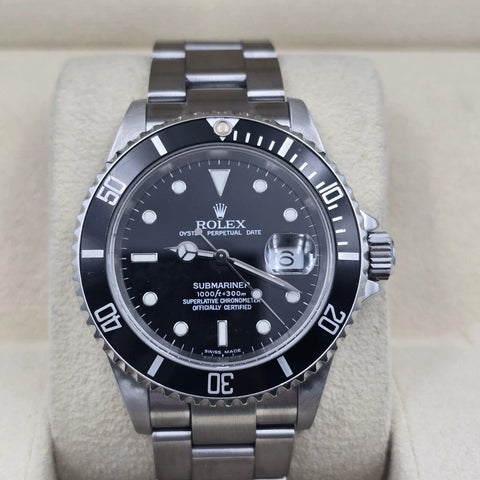 MINT PAPERS 2004 Rolex Submariner Date NO HOLES Black Dial 40mm Watch 16610