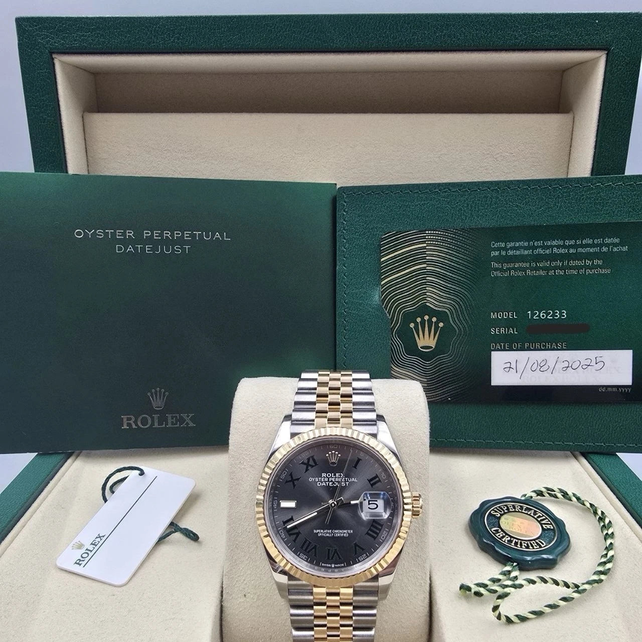 PAPERS 2025 Rolex Datejust 36mm Wimbledon Yellow Gold Fluted Jubilee 126233 BOX