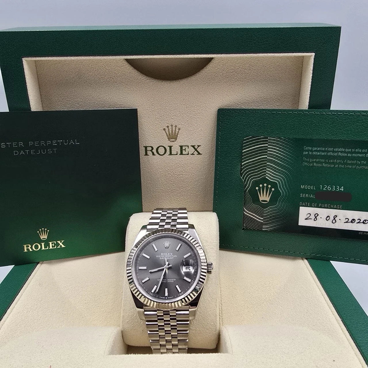MINT PAPERS 2020 Rolex Datejust 41mm Fluted Bezel Rhodium Jubilee 126334 BOX