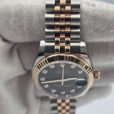 PAPERS 2016 Rolex Datejust 31mm Black Diamond Dial Rose Gold Steel 178271 BOX