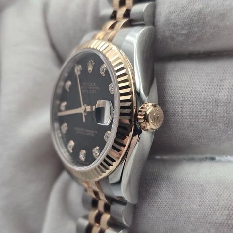 PAPERS 2016 Rolex Datejust 31mm Black Diamond Dial Rose Gold Steel 178271 BOX