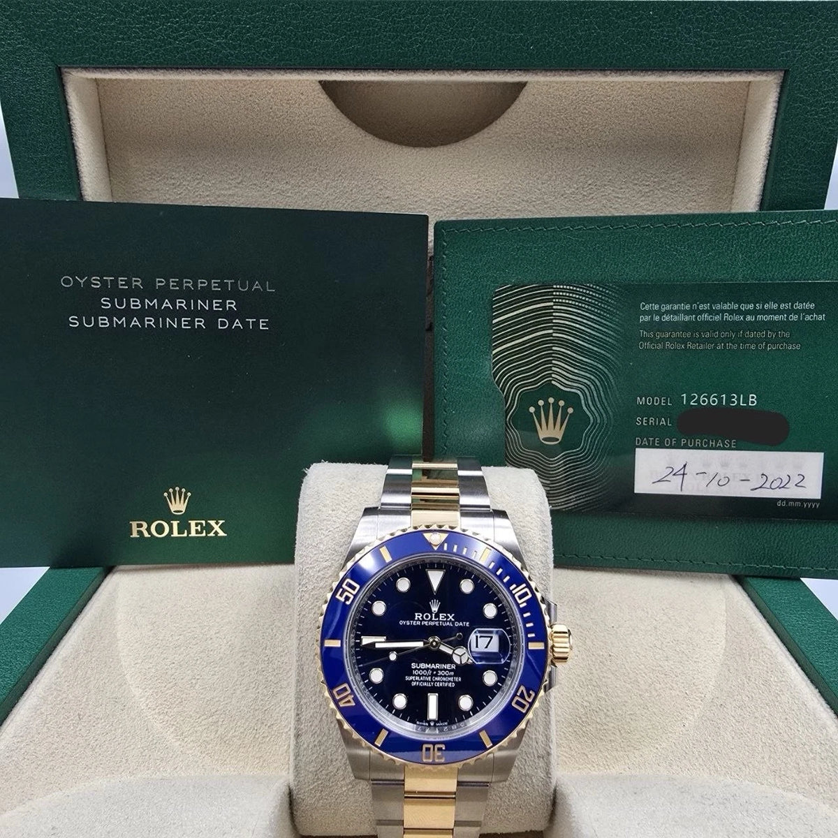 PAPERS 2022 Rolex Submariner Blue Dial Two Tone Gold 41mm Watch 126613LB BOX