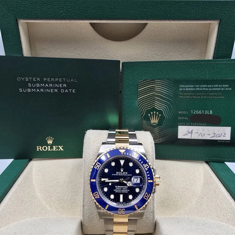 PAPERS 2022 Rolex Submariner Blue Dial Two Tone Gold 41mm Watch 126613LB BOX