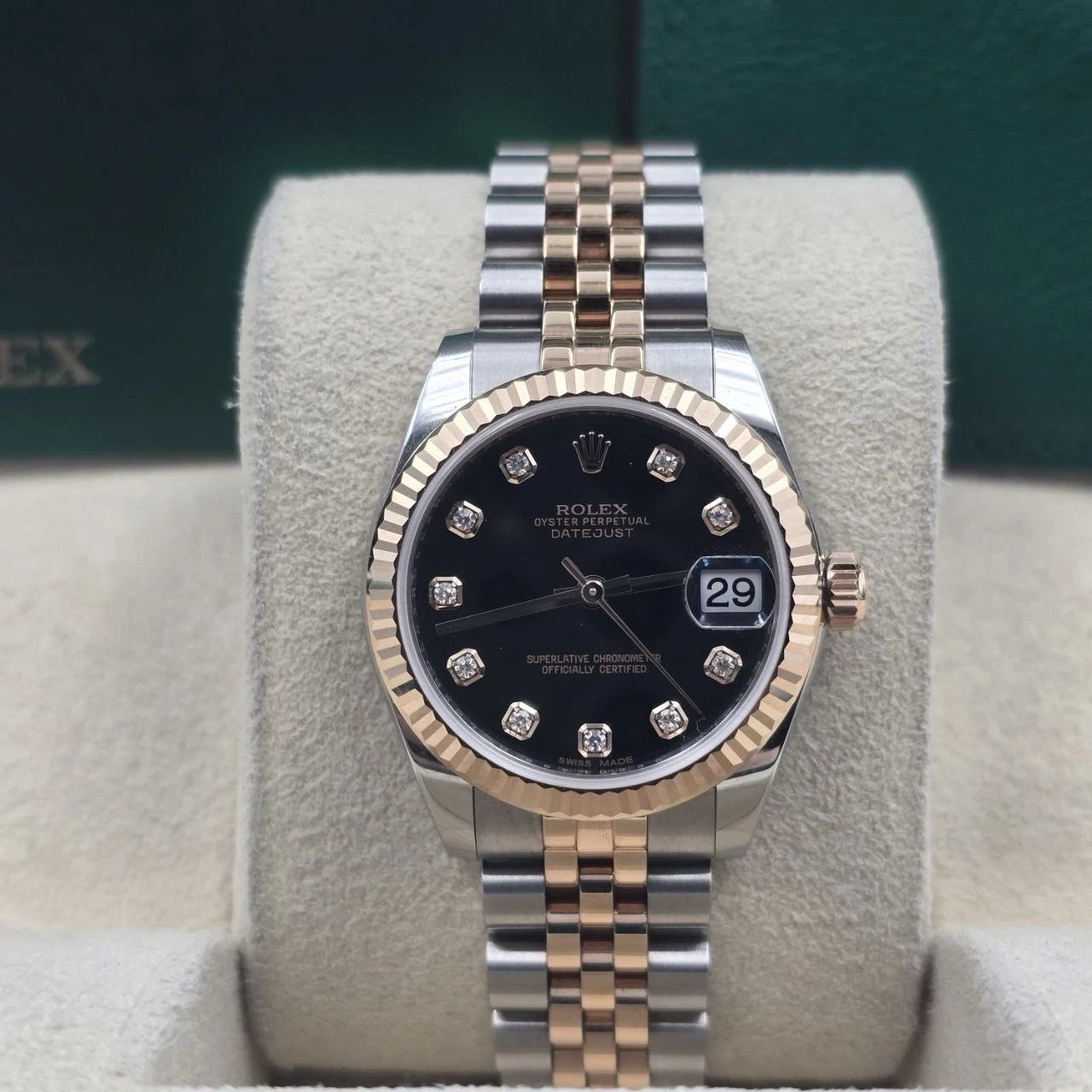 PAPERS 2016 Rolex Datejust 31mm Black Diamond Dial Rose Gold Steel 178271 BOX
