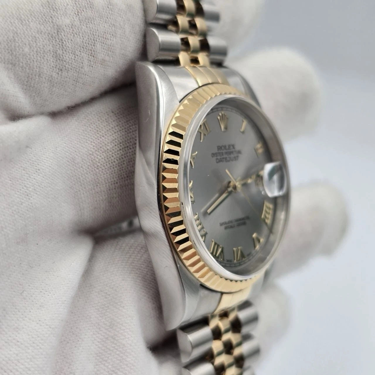 Rolex Datejust 36mm FACTORY Grey Roman Dial 18K Yellow Gold Jubilee 16233