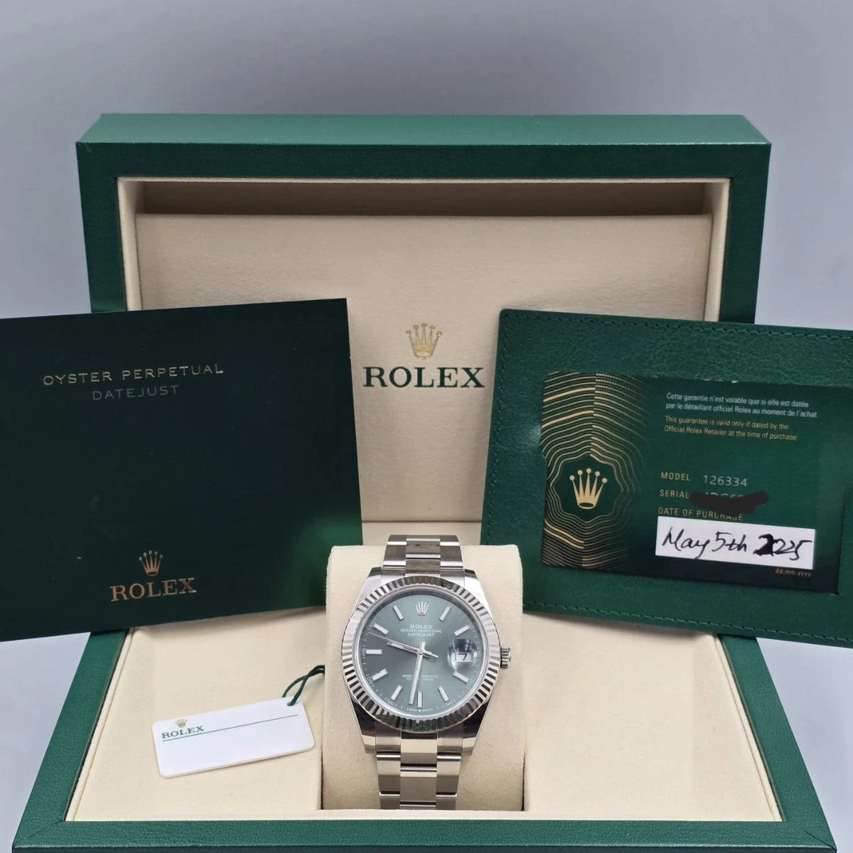 NEW 2025 Rolex Datejust 41mm 126334 Mint Green Oyster Fluted Bezel UNWORN