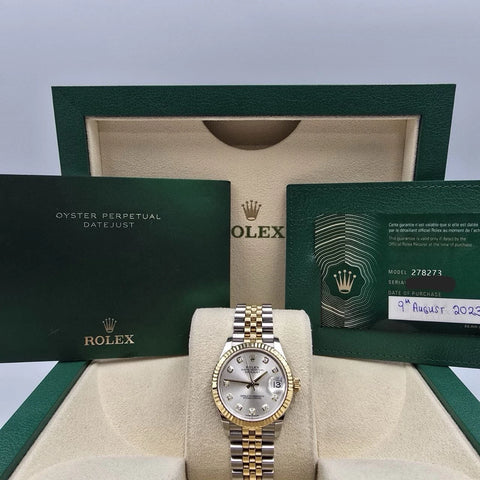 PAPERS 2023 Rolex Datejust 31mm Silver Diamond Dial Two Tone Jubilee 278273 BOX