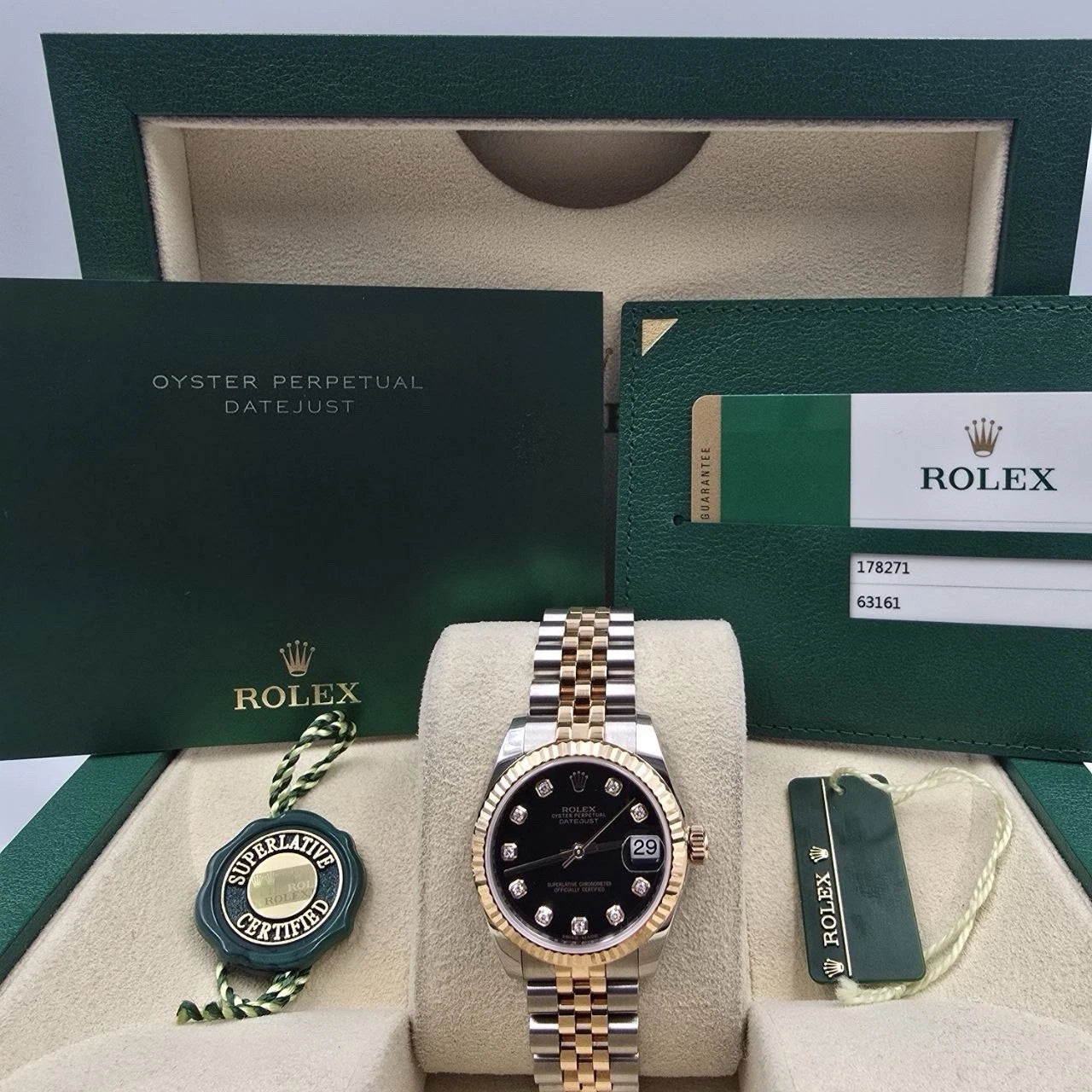 PAPERS 2016 Rolex Datejust 31mm Black Diamond Dial Rose Gold Steel 178271 BOX
