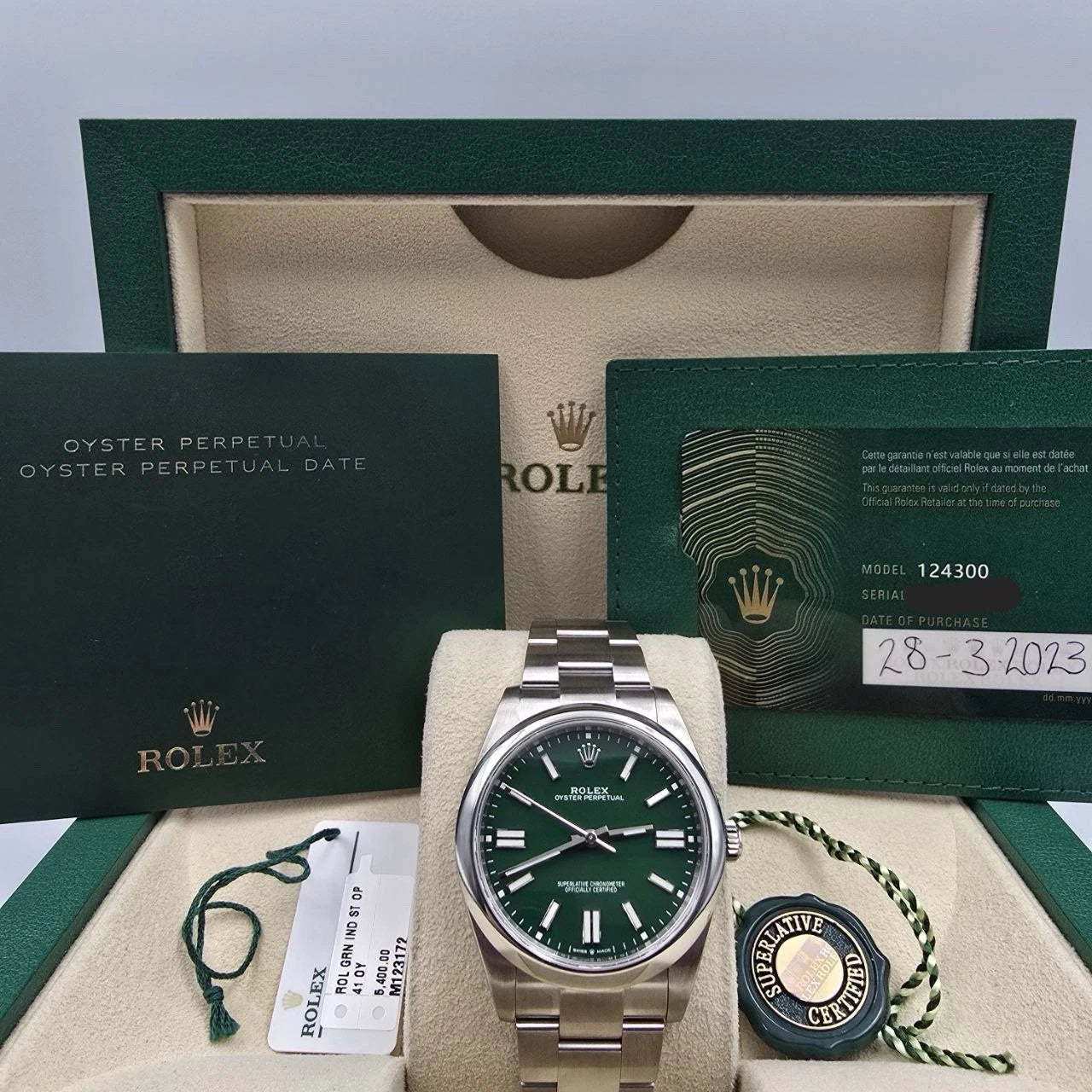 2023 PAPERS Rolex Oyster Perpetual 41mm Green Stainless Steel 124300 BOX