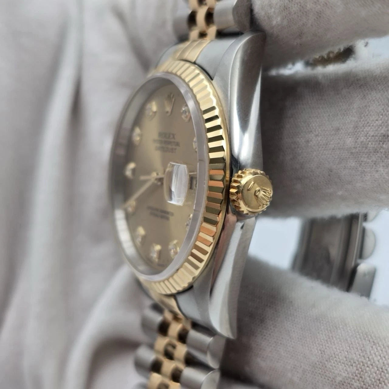 1996 PAPERS Rolex Datejust 36mm Champagne Diamond Dial Two Tone Jubilee 16233