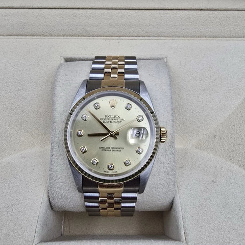 Rolex Datejust 36mm NO HOLES Champagne Diamond Dial 18K Gold TT Watch 16233