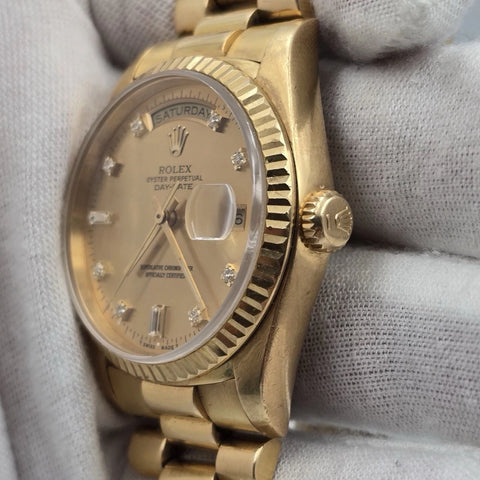 Rolex 18K Gold Day-Date President Gold Champagne Diamond Dial 36mm Watch 18238