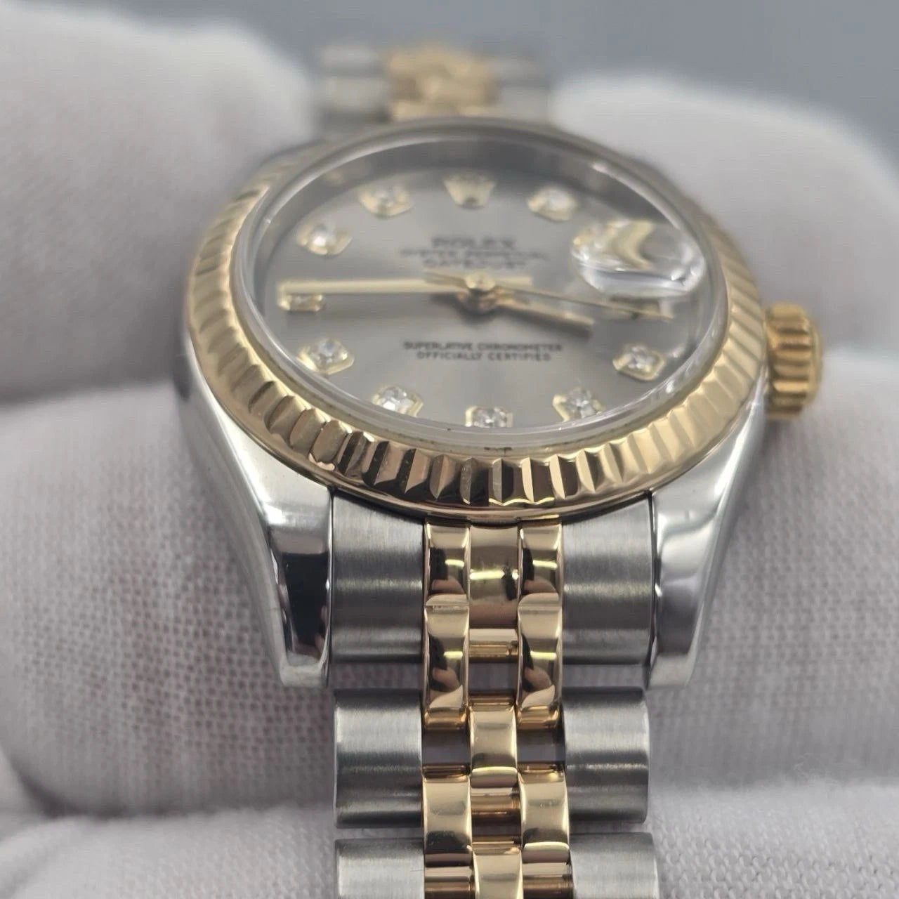 PAPERS MINT Rolex Datejust 18k Two Tone Gray Diamond Dial 26mm Watch 179173