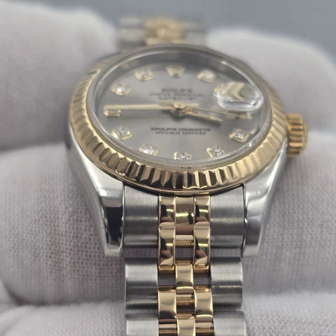 PAPERS MINT Rolex Datejust 18k Two Tone Gray Diamond Dial 26mm Watch 179173