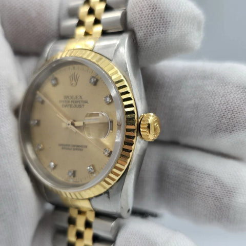 Rolex Datejust 36mm Champagne Diamond Dial 18K Yellow Gold Two Tone Watch 16233