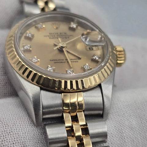 Rolex Datejust 26mm Champagne Diamond Dial NO HOLES Two Tone Jubilee Watch 69173