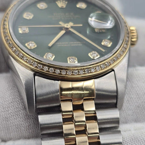 Rolex Datejust 36mm Olive Green Diamond Dial Diamond Bezel Two-Tone Watch 16233