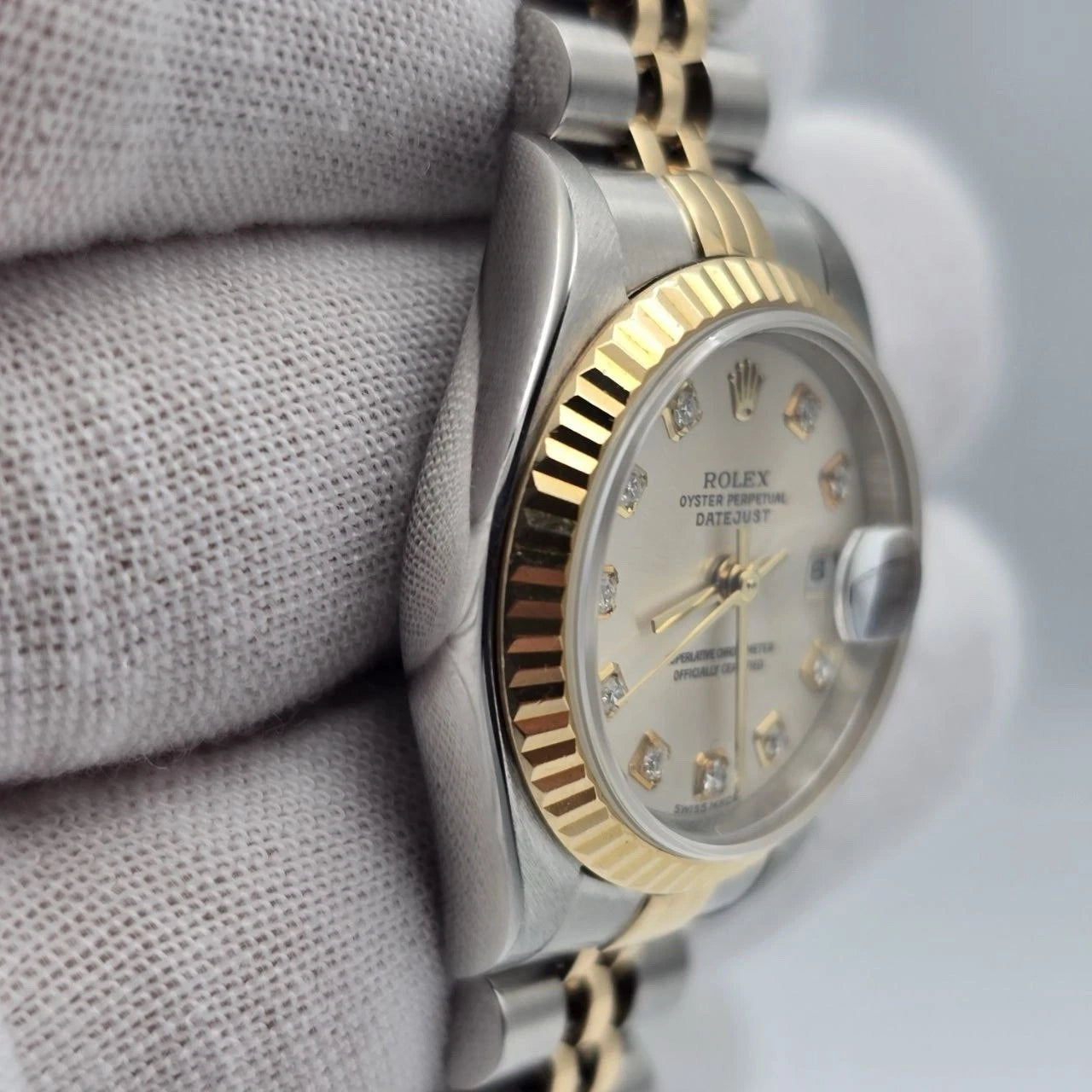 PAPERS Rolex Datejust Gold Steel Factory Rhodium Diamond Dial Jubilee 26mm 79173