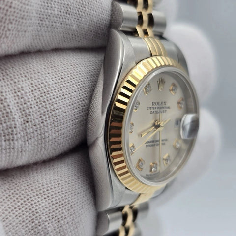 PAPERS Rolex Datejust Gold Steel Factory Rhodium Diamond Dial Jubilee 26mm 79173