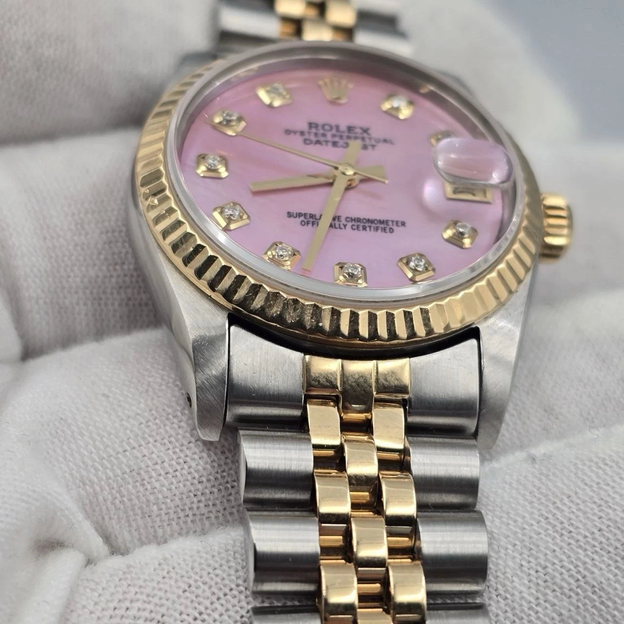 Rolex Datejust Ladies 31mm 18k Two Tone 68273 Pink MOP Diamond Dial Watch