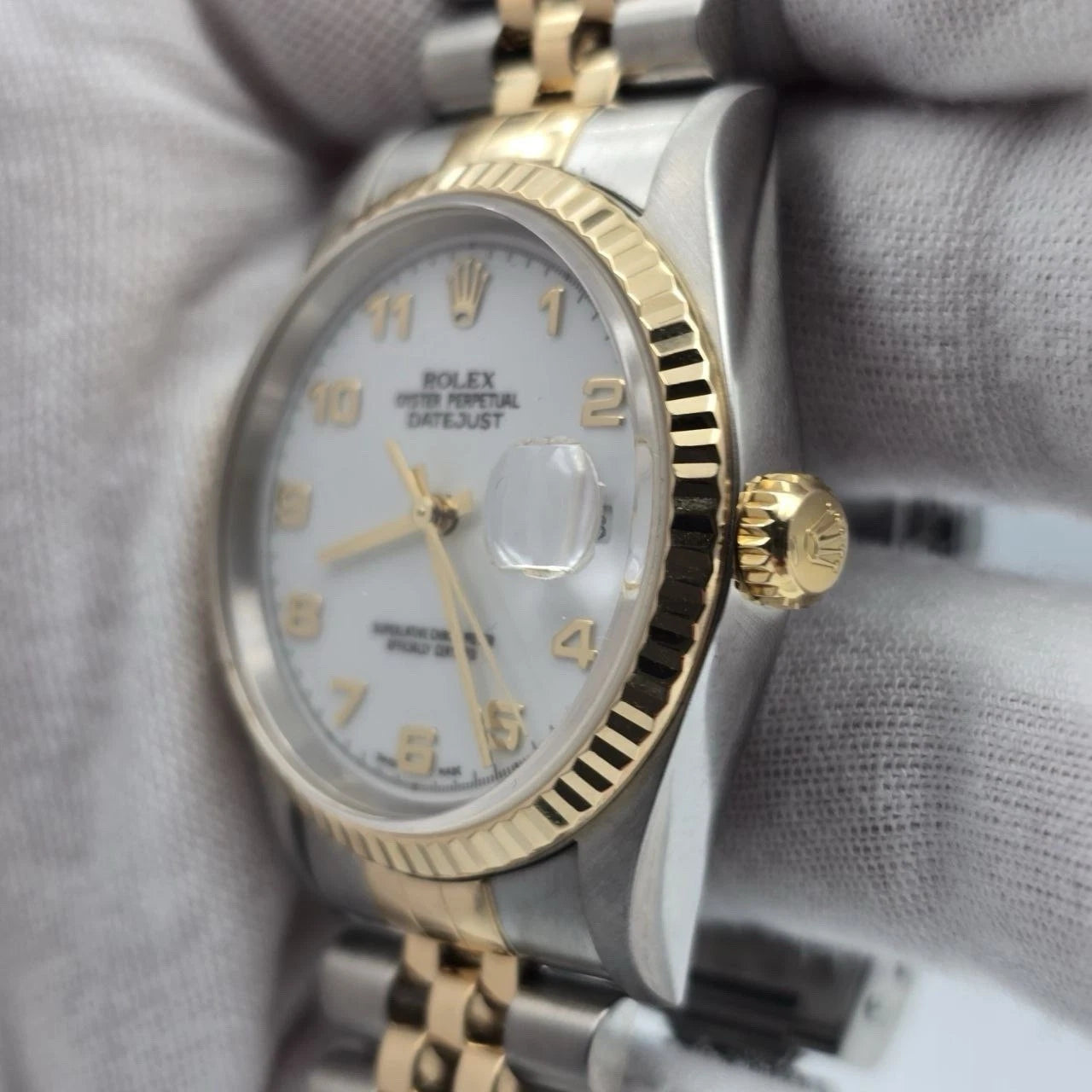 Rolex Datejust 36mm NO-HOLES White Arabic Two-Tone 18K Watch 16233