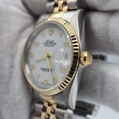 Rolex Datejust 36mm NO-HOLES White Arabic Two-Tone 18K Watch 16233