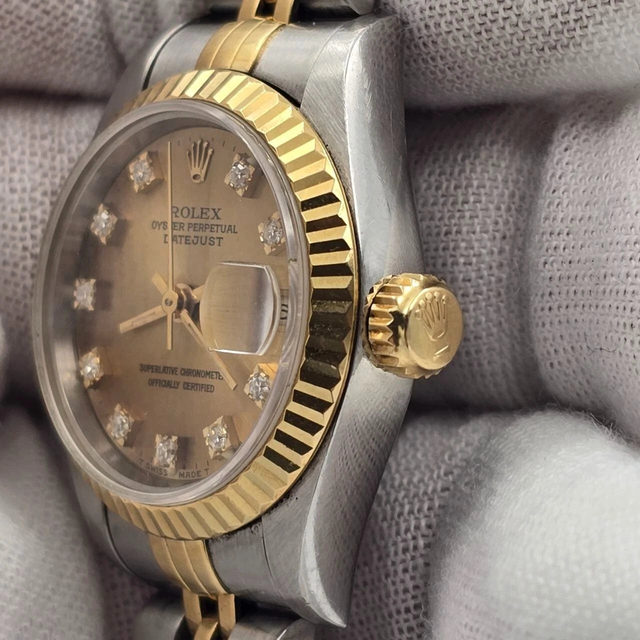 Rolex Lady Datejust 18K Gold Steel NO HOLES 26mm Champagne Diamond Dial 69173