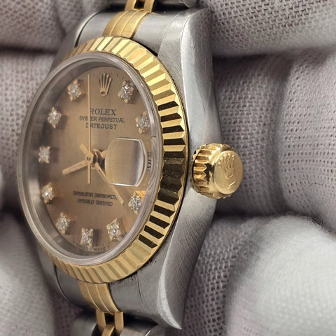 Rolex Lady Datejust 18K Gold Steel NO HOLES 26mm Champagne Diamond Dial 69173