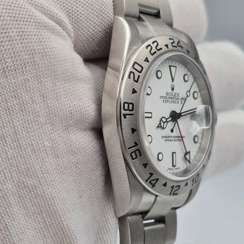 PAPERS Rolex 16570 Explorer II White 40mm Steel NO HOLES Oyster Date Watch