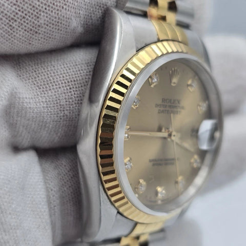 PAPERS Rolex DateJust 36mm NO-HOLES Champagne Diamond Dial TT 18K 16233 BOX