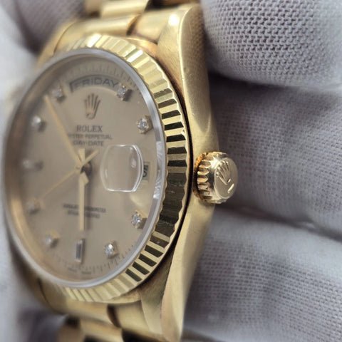 Rolex 18K Gold Day-Date President Gold Champagne Diamond Dial 36mm Watch 18238
