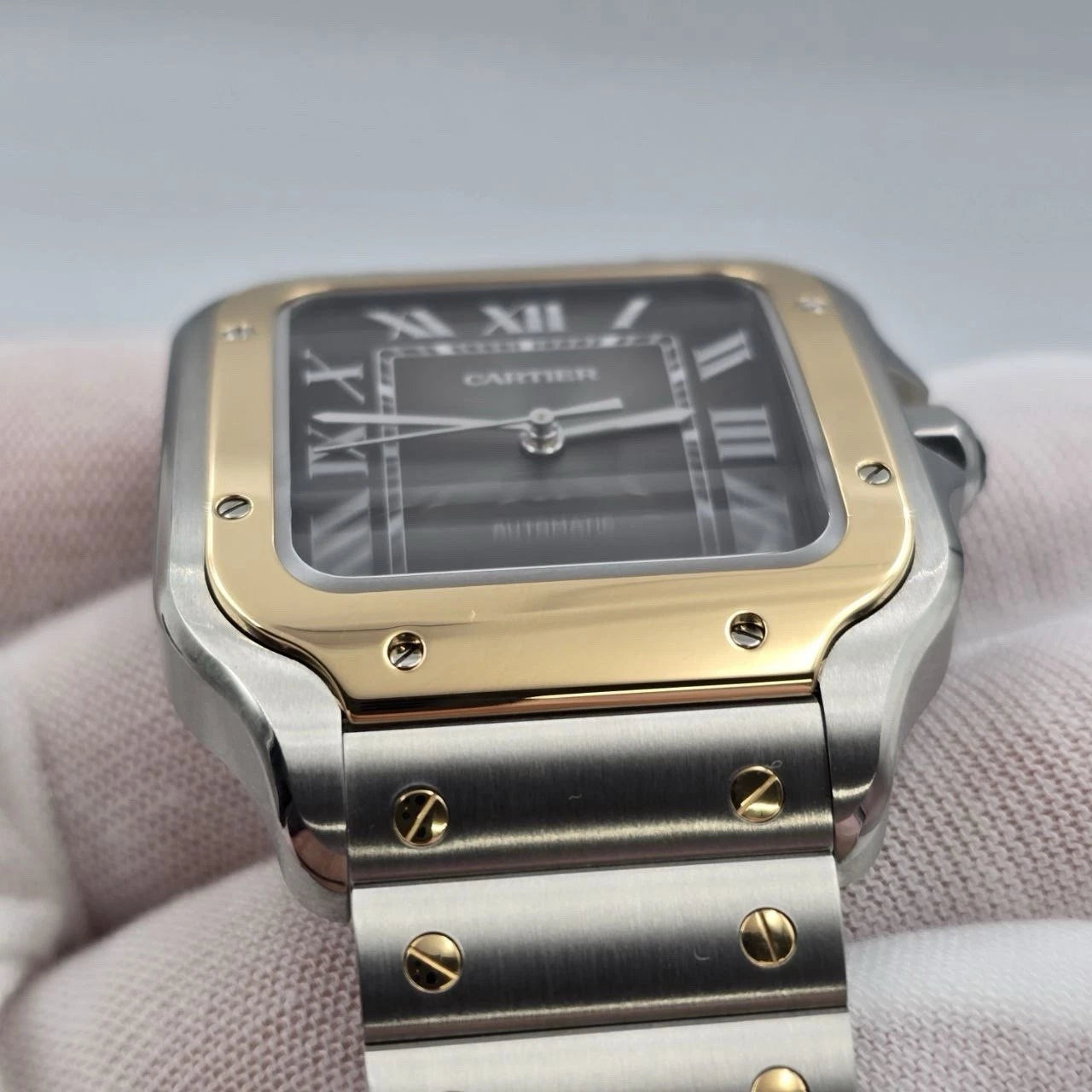 2025 Cartier Santos De Cartier Anthracite Grey Dial Men's Gold Bezel W2SA0030