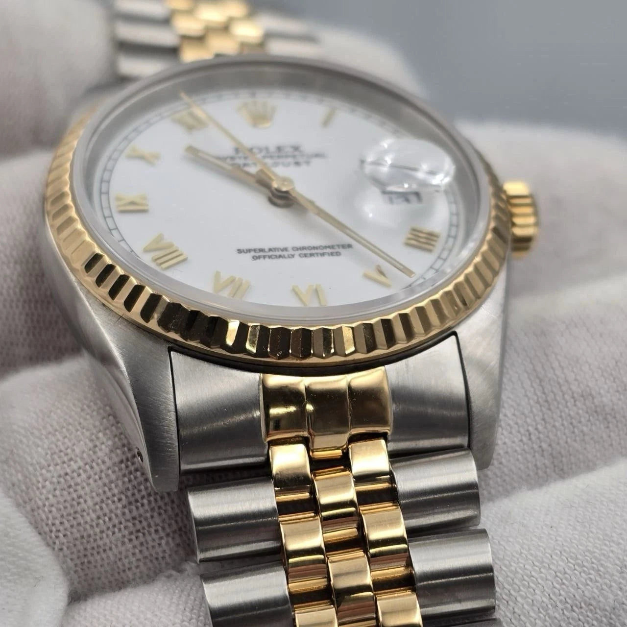 Rolex Datejust 36mm White Roman Dial 18K Gold Two Tone Watch 16233