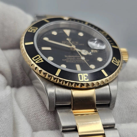 MINT 2006 PAPERS Rolex Submariner Date Two Tone Gold Black 40mm Watch 16613 BOX