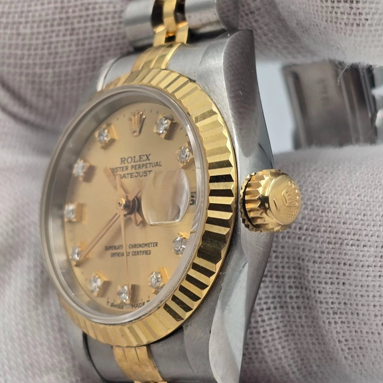 PAPERS Rolex Lady Datejust 18K Gold Steel Champagne NO HOLES Diamond Dial 69173