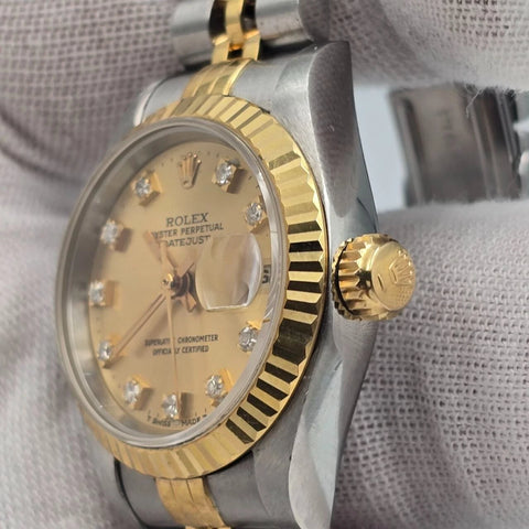 PAPERS Rolex Lady Datejust 18K Gold Steel Champagne NO HOLES Diamond Dial 69173